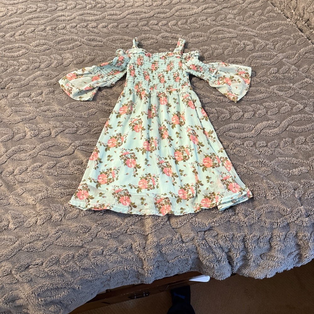 Girls Light Blue Floral Off-Shoulder Dress with Smocked Bodice